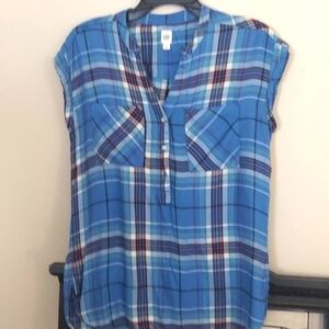 Vintage Gap Blue Stripe Lightweight Flannel Cap Sleeve Button Down Shirt Sz M